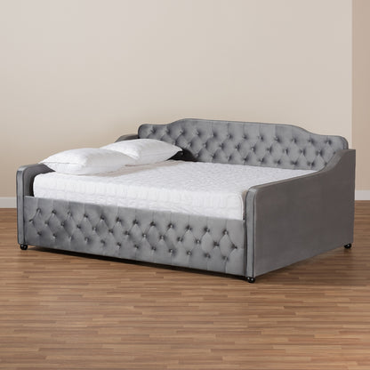 Baxton Studio - Freda Full Size Daybed in Grey - Freda-Grey Velvet-Daybed-Full view 6
