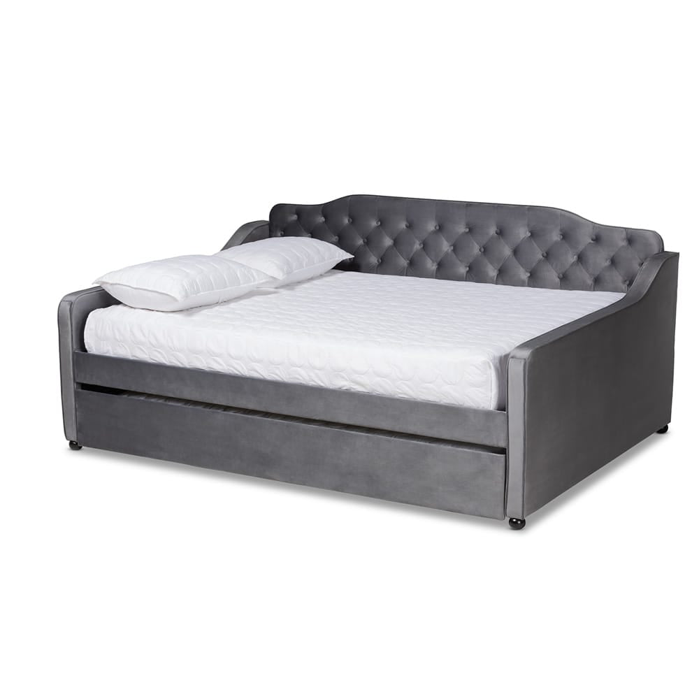 Baxton Studio - Freda Full Size Daybed with Trundle in Grey - Freda-Grey Velvet-Daybed-F/T view 1
