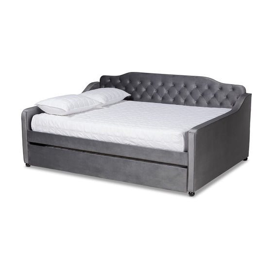 Baxton Studio - Freda Full Size Daybed with Trundle in Grey - Freda-Grey Velvet-Daybed-F/T view 1
