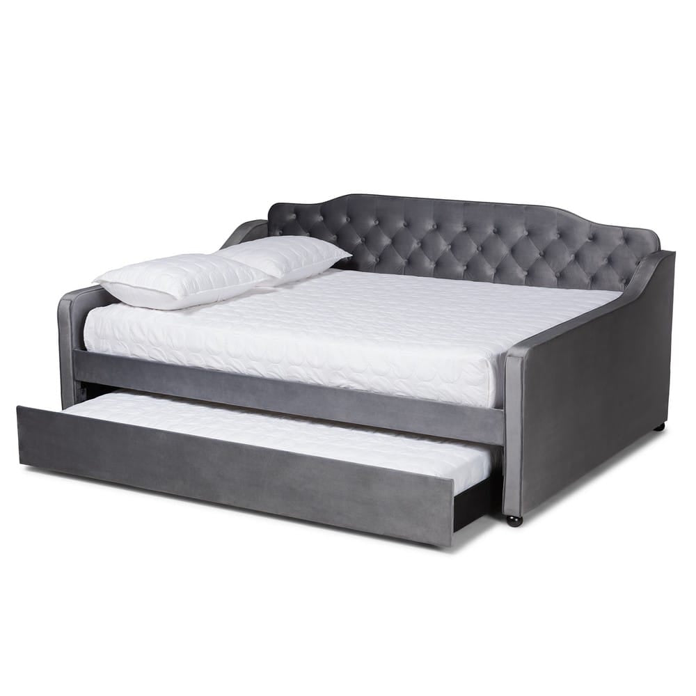 Baxton Studio - Freda Full Size Daybed with Trundle in Grey - Freda-Grey Velvet-Daybed-F/T view 2