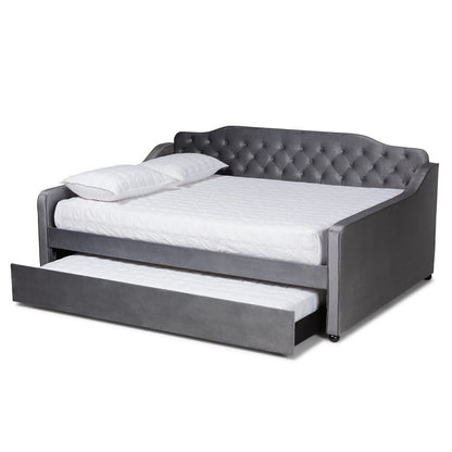 Baxton Studio - Freda Full Size Daybed with Trundle in Grey - Freda-Grey Velvet-Daybed-F/T view 2