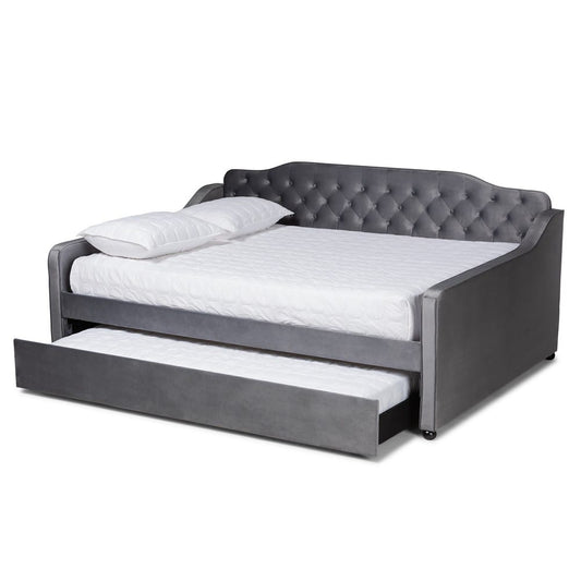 Baxton Studio - Freda Full Size Daybed with Trundle in Grey - Freda-Grey Velvet-Daybed-F/T view 2