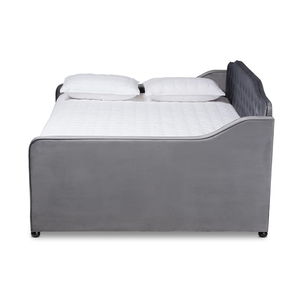 Baxton Studio - Freda Full Size Daybed with Trundle in Grey - Freda-Grey Velvet-Daybed-F/T view 3
