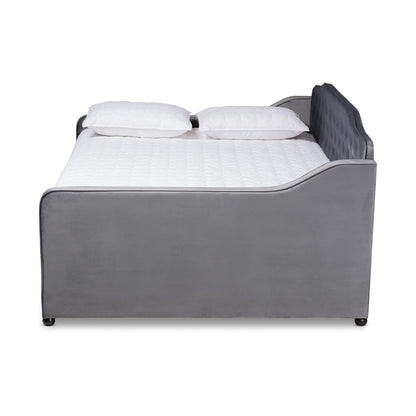 Baxton Studio - Freda Full Size Daybed with Trundle in Grey - Freda-Grey Velvet-Daybed-F/T view 3