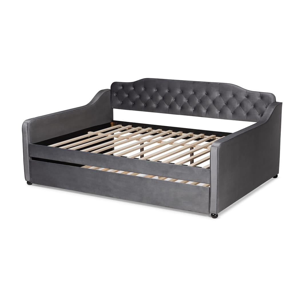 Baxton Studio - Freda Full Size Daybed with Trundle in Grey - Freda-Grey Velvet-Daybed-F/T view 4