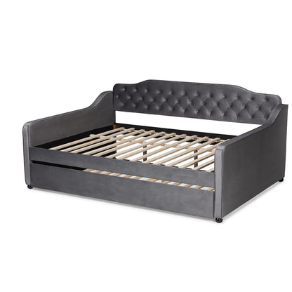 Baxton Studio - Freda Full Size Daybed with Trundle in Grey - Freda-Grey Velvet-Daybed-F/T view 4