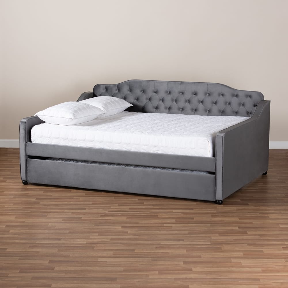 Baxton Studio - Freda Full Size Daybed with Trundle in Grey - Freda-Grey Velvet-Daybed-F/T view 8