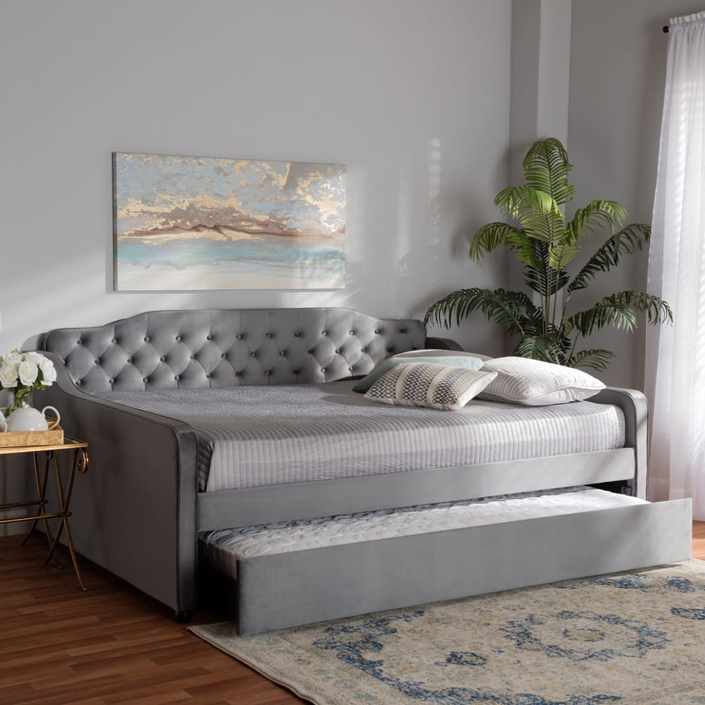 Baxton Studio - Freda Full Size Daybed with Trundle in Grey - Freda-Grey Velvet-Daybed-F/T view 9