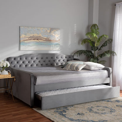 Baxton Studio - Freda Full Size Daybed with Trundle in Grey - Freda-Grey Velvet-Daybed-F/T view 9