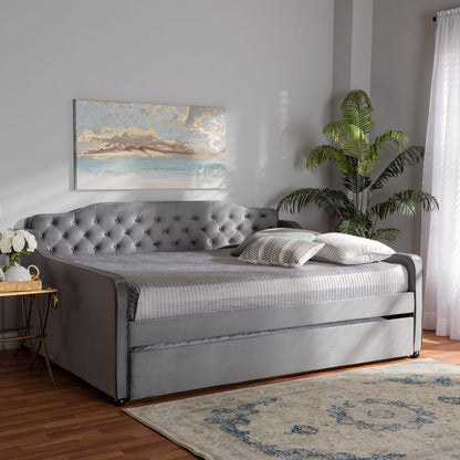 Baxton Studio - Freda Full Size Daybed with Trundle in Grey - Freda-Grey Velvet-Daybed-F/T view 10