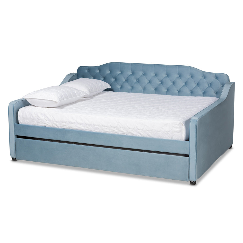 Baxton Studio - Freda Full Size Daybed with Trundle in Light blue  - Freda-Light Blue Velvet-Daybed-F/T view 1