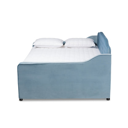 Baxton Studio - Freda Full Size Daybed with Trundle in Light blue  - Freda-Light Blue Velvet-Daybed-F/T view 3