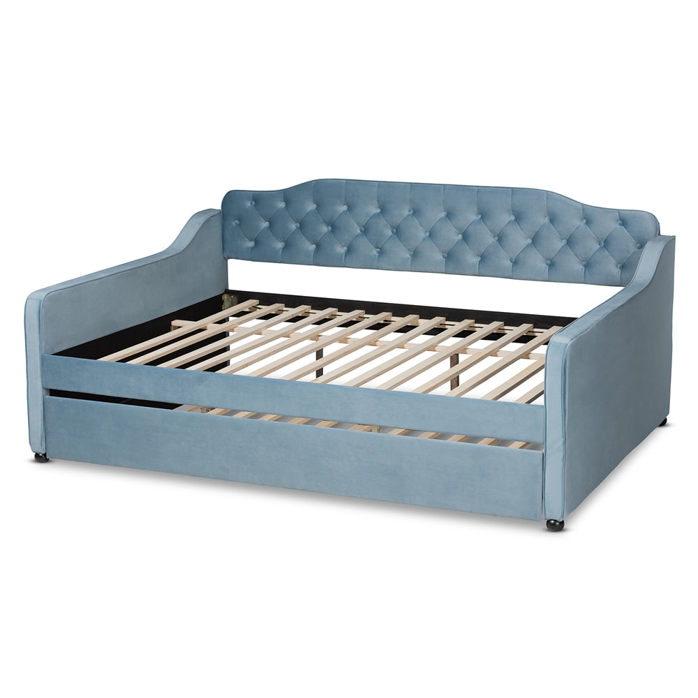 Baxton Studio - Freda Full Size Daybed with Trundle in Light blue  - Freda-Light Blue Velvet-Daybed-F/T view 4