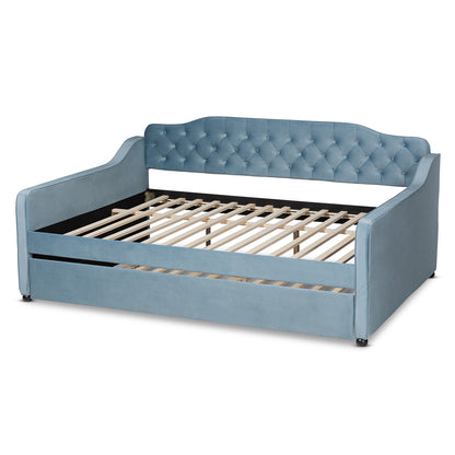 Baxton Studio - Freda Full Size Daybed with Trundle in Light blue  - Freda-Light Blue Velvet-Daybed-F/T view 4