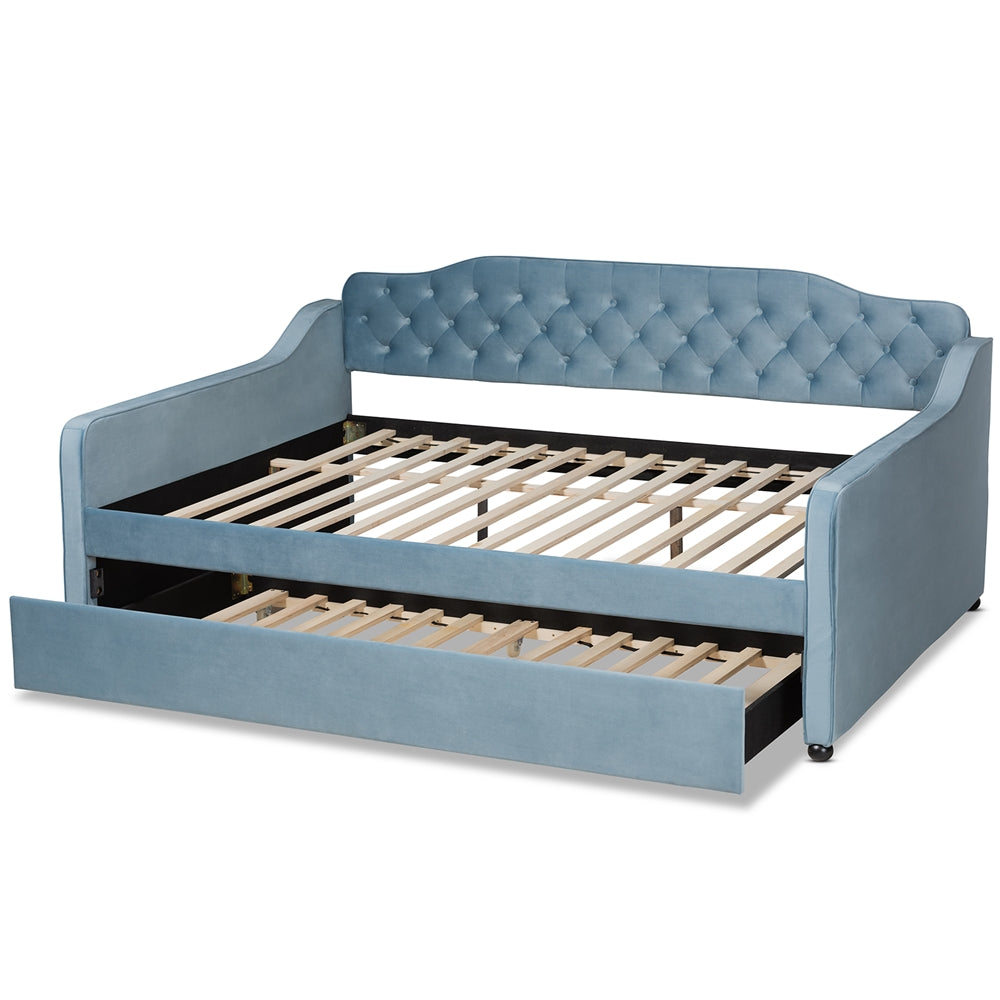 Baxton Studio - Freda Full Size Daybed with Trundle in Light blue  - Freda-Light Blue Velvet-Daybed-F/T view 5