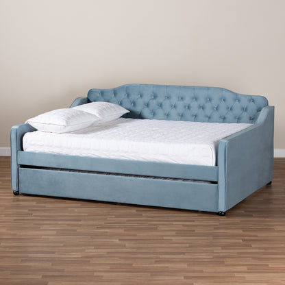 Baxton Studio - Freda Full Size Daybed with Trundle in Light blue  - Freda-Light Blue Velvet-Daybed-F/T view 8