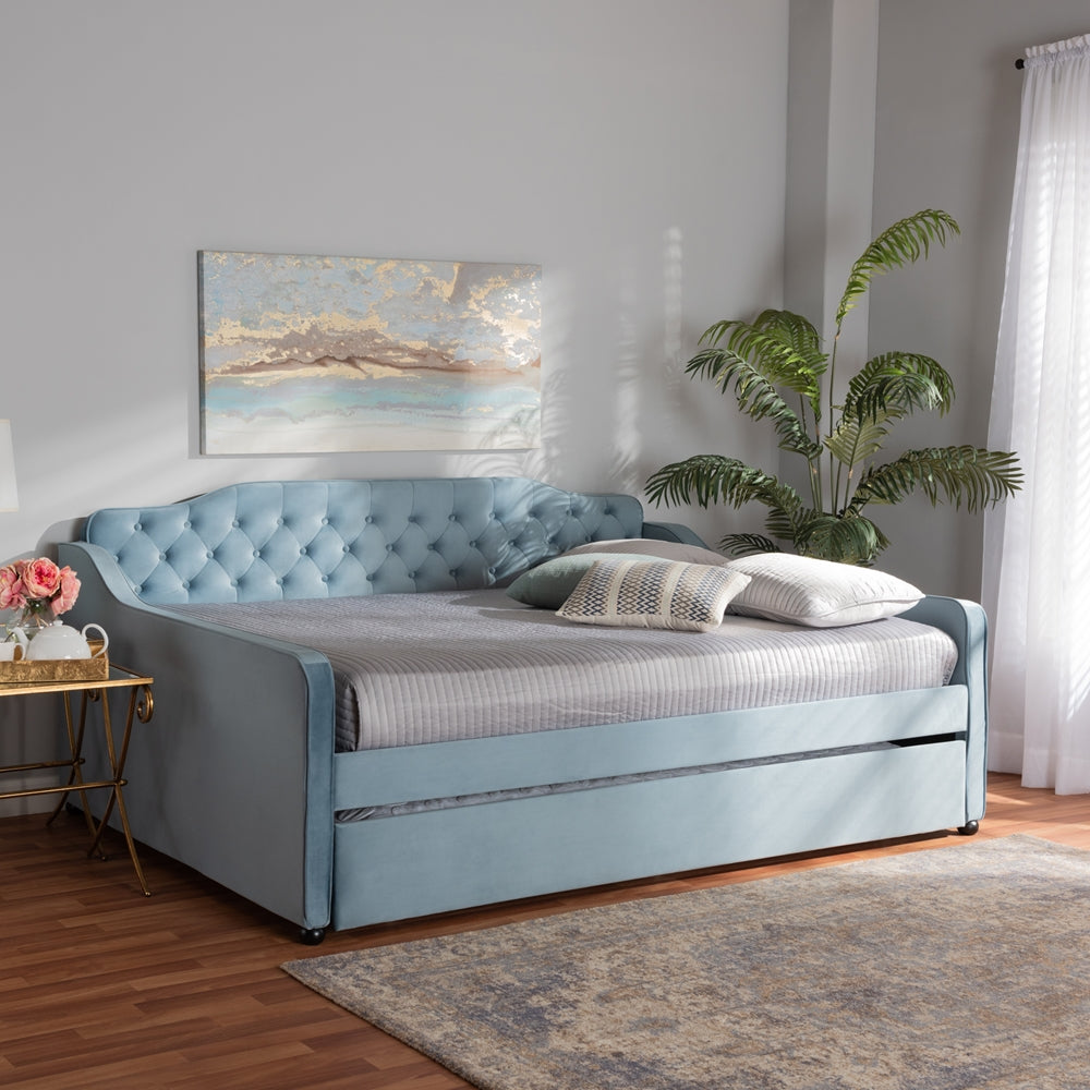 Baxton Studio - Freda Full Size Daybed with Trundle in Light blue  - Freda-Light Blue Velvet-Daybed-F/T view 10