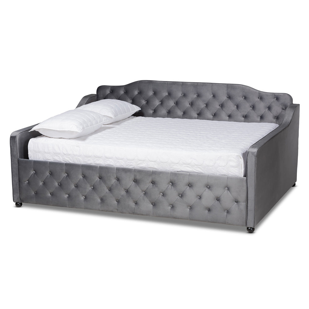 Baxton Studio - Freda Queen Size Daybed in Grey - Freda-Grey Velvet-Daybed-Queen view 1