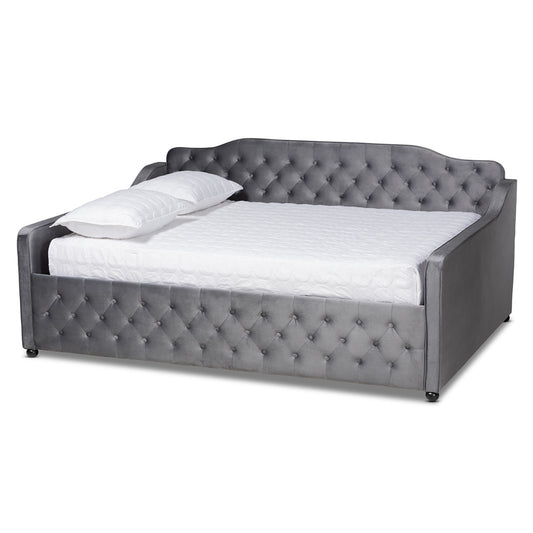 Baxton Studio - Freda Queen Size Daybed in Grey - Freda-Grey Velvet-Daybed-Queen view 1