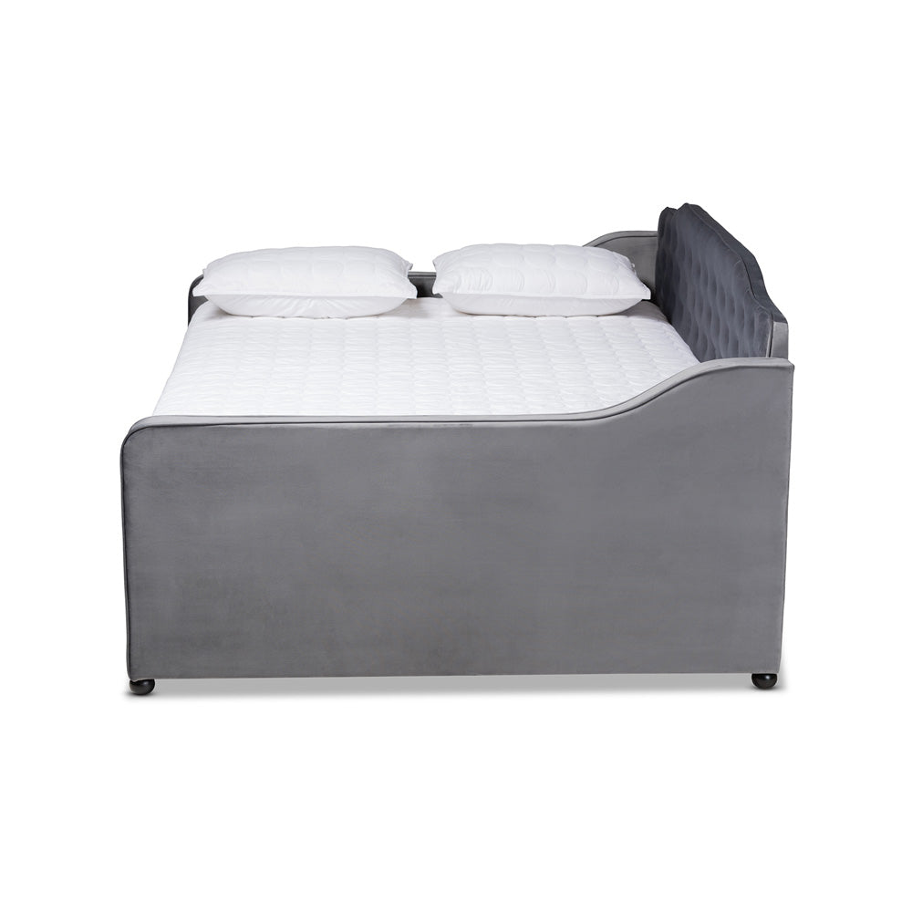 Baxton Studio - Freda Queen Size Daybed in Grey - Freda-Grey Velvet-Daybed-Queen view 2