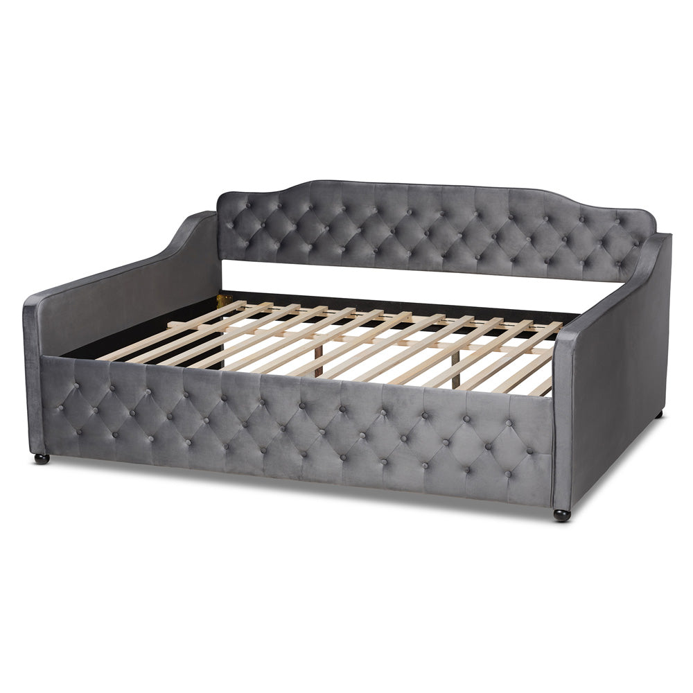 Baxton Studio - Freda Queen Size Daybed in Grey - Freda-Grey Velvet-Daybed-Queen view 3
