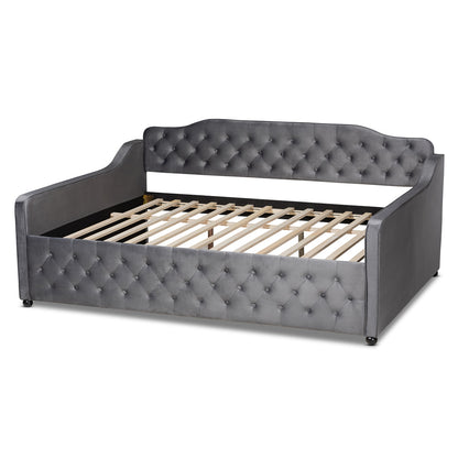 Baxton Studio - Freda Queen Size Daybed in Grey - Freda-Grey Velvet-Daybed-Queen view 3