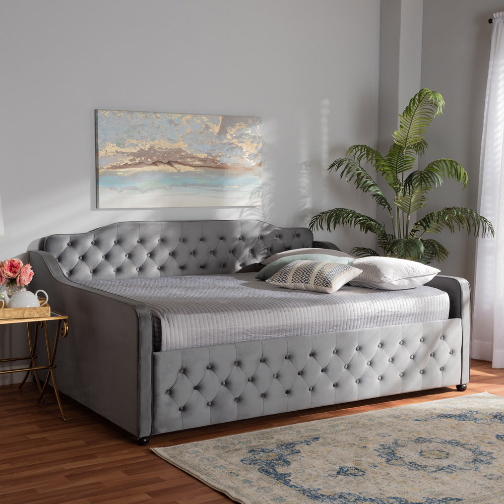 Baxton Studio - Freda Queen Size Daybed in Grey - Freda-Grey Velvet-Daybed-Queen view 6