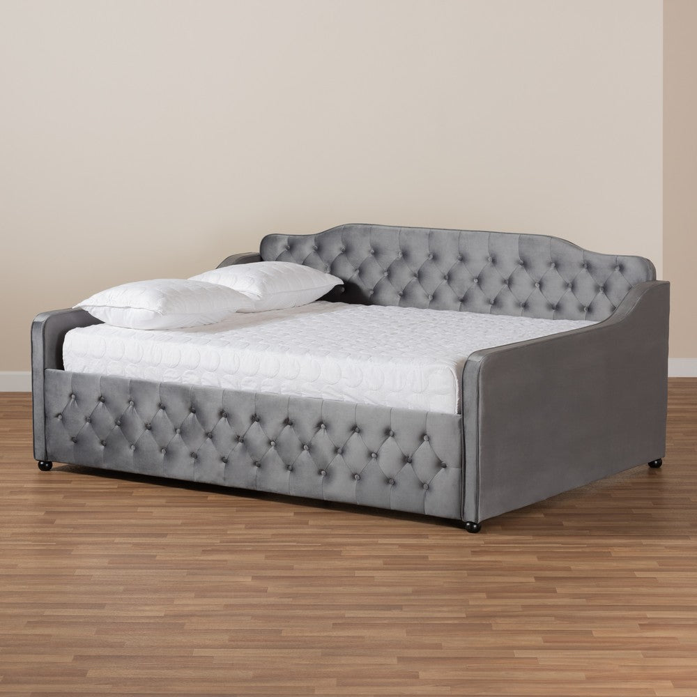 Baxton Studio - Freda Queen Size Daybed in Grey - Freda-Grey Velvet-Daybed-Queen view 7
