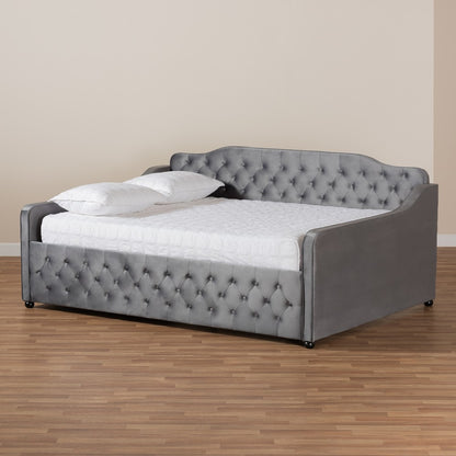 Baxton Studio - Freda Queen Size Daybed in Grey - Freda-Grey Velvet-Daybed-Queen view 7