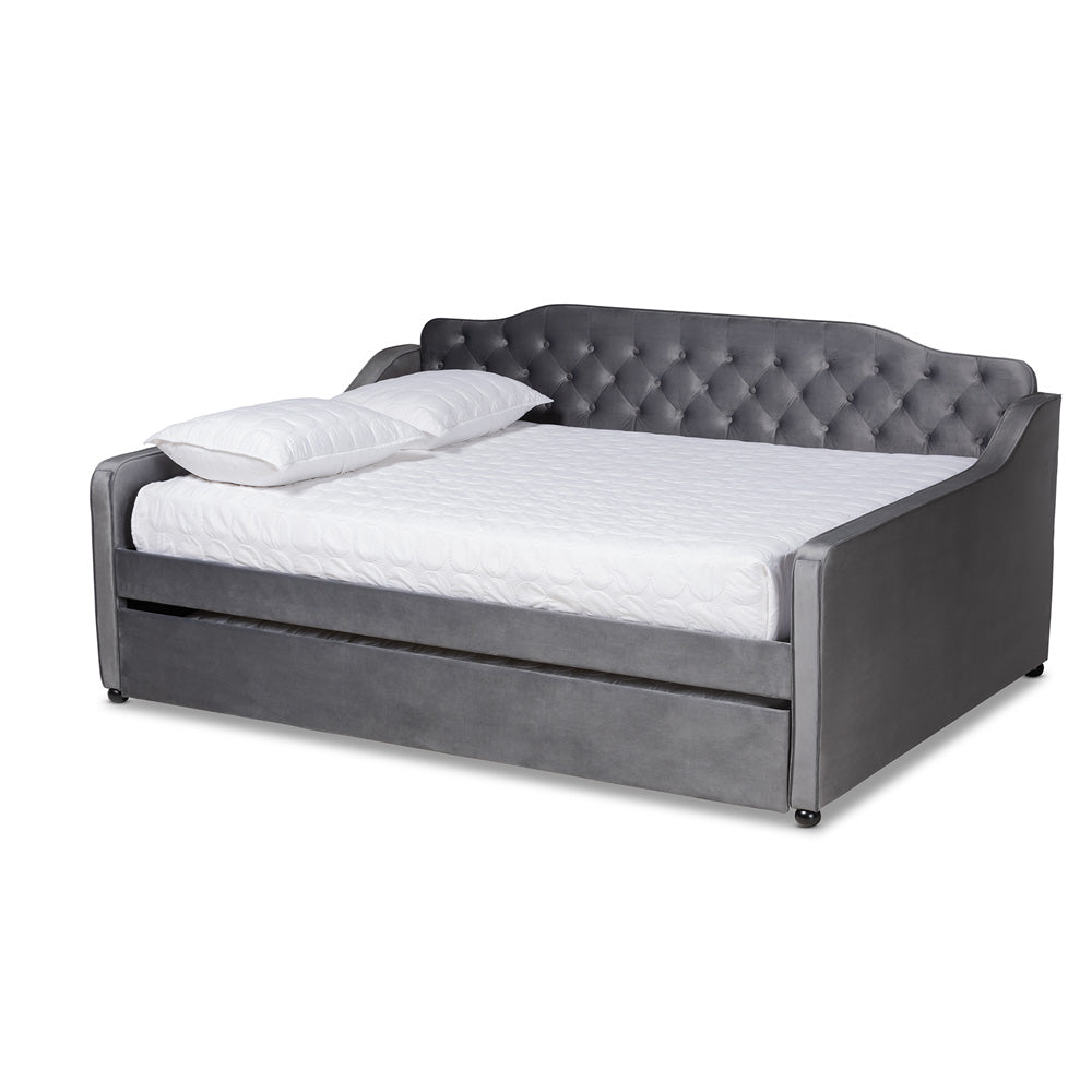 Baxton Studio - Freda Queen Size Daybed with Trundle in Grey - Freda-Grey Velvet-Daybed-Q/T view 1