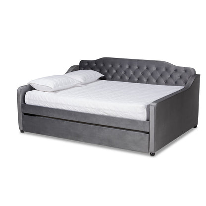 Baxton Studio - Freda Queen Size Daybed with Trundle in Grey - Freda-Grey Velvet-Daybed-Q/T view 1