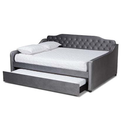 Baxton Studio - Freda Queen Size Daybed with Trundle in Grey - Freda-Grey Velvet-Daybed-Q/T view 2