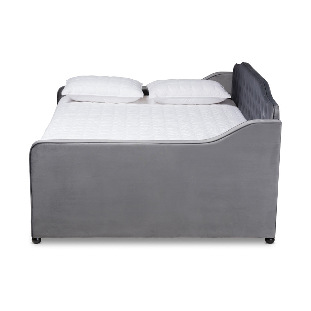 Baxton Studio - Freda Queen Size Daybed with Trundle in Grey - Freda-Grey Velvet-Daybed-Q/T view 3
