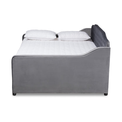 Baxton Studio - Freda Queen Size Daybed with Trundle in Grey - Freda-Grey Velvet-Daybed-Q/T view 3
