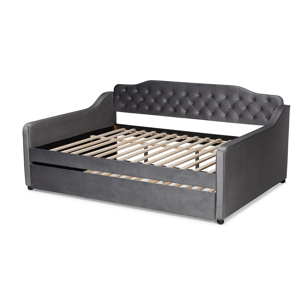 Baxton Studio - Freda Queen Size Daybed with Trundle in Grey - Freda-Grey Velvet-Daybed-Q/T view 4