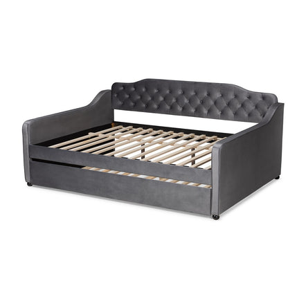 Baxton Studio - Freda Queen Size Daybed with Trundle in Grey - Freda-Grey Velvet-Daybed-Q/T view 4