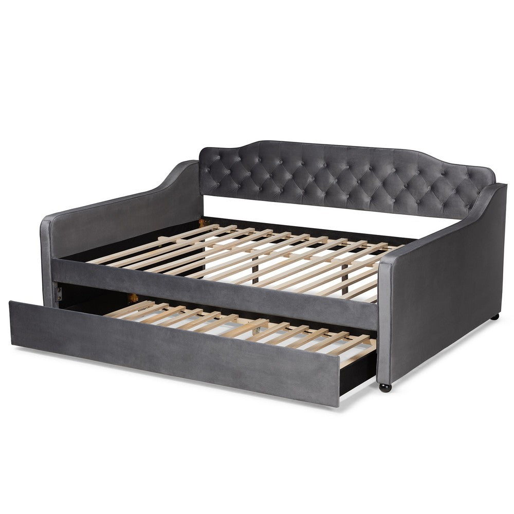 Baxton Studio - Freda Queen Size Daybed with Trundle in Grey - Freda-Grey Velvet-Daybed-Q/T view 5