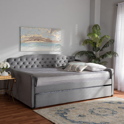 Baxton Studio - Freda Queen Size Daybed with Trundle in Grey - Freda-Grey Velvet-Daybed-Q/T view 8