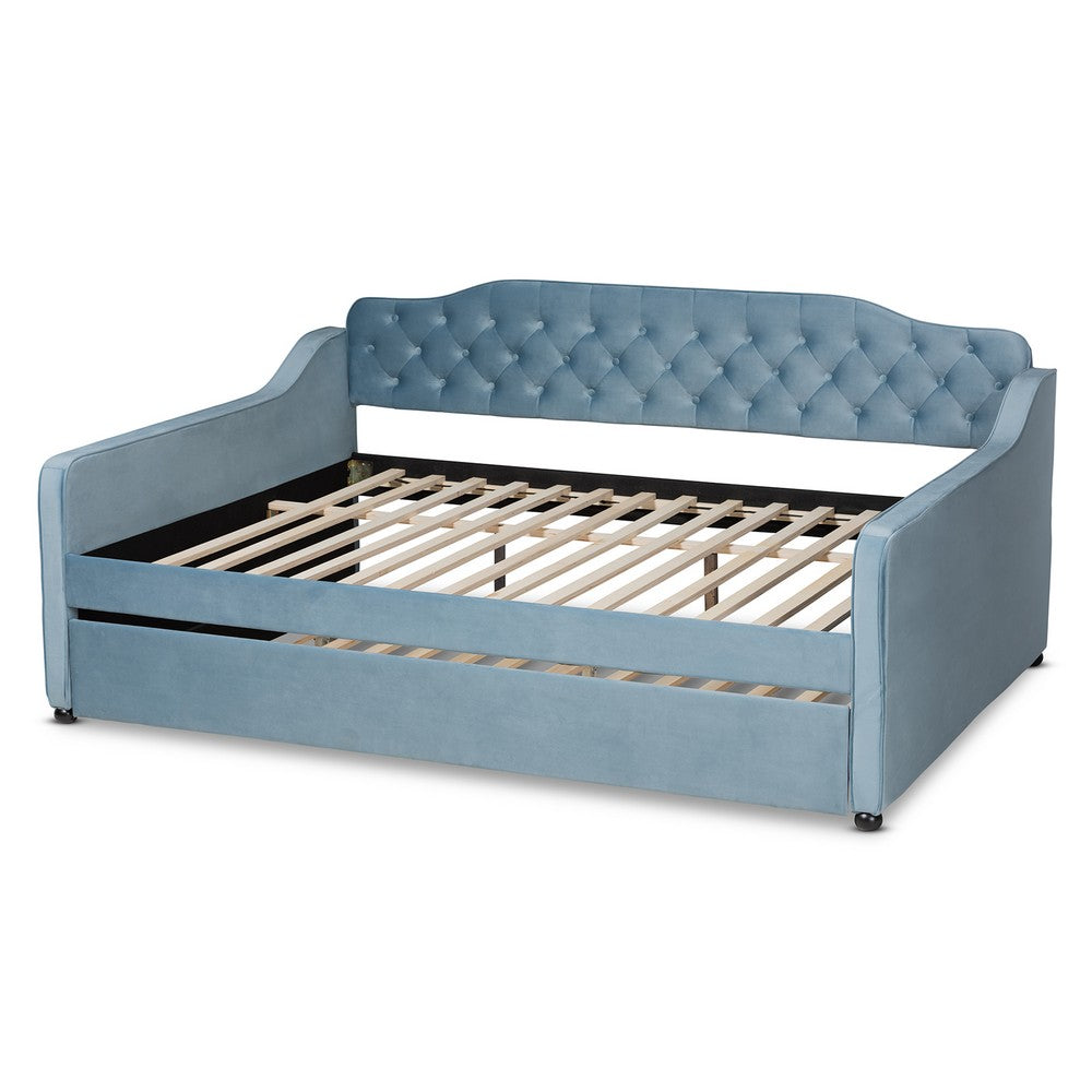 Baxton Studio - Freda Queen Size Daybed with Trundle in Light blue  - Freda-Light Blue Velvet-Daybed-Q/T view 4