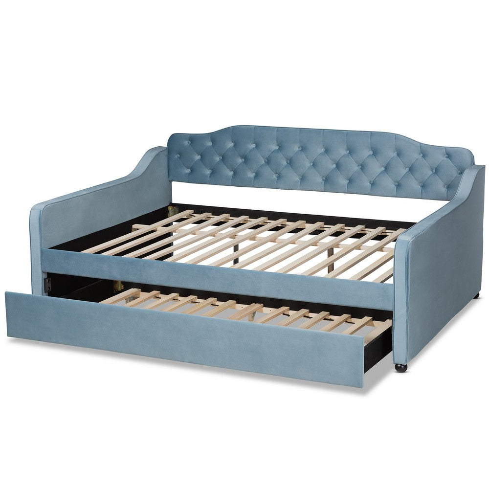 Baxton Studio - Freda Queen Size Daybed with Trundle in Light blue  - Freda-Light Blue Velvet-Daybed-Q/T view 5