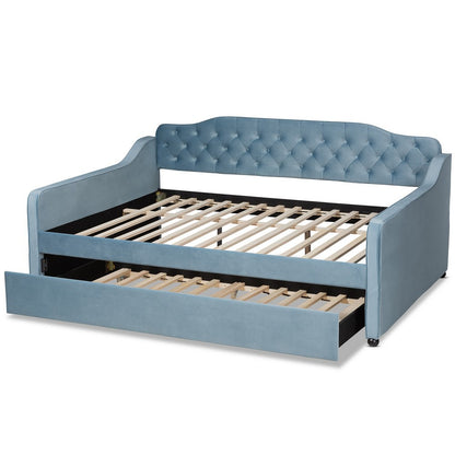 Baxton Studio - Freda Queen Size Daybed with Trundle in Light blue  - Freda-Light Blue Velvet-Daybed-Q/T view 5