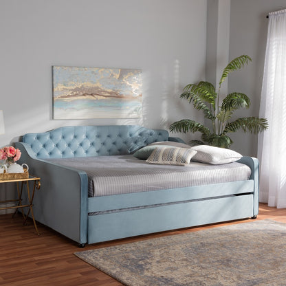 Baxton Studio - Freda Queen Size Daybed with Trundle in Light blue  - Freda-Light Blue Velvet-Daybed-Q/T view 8