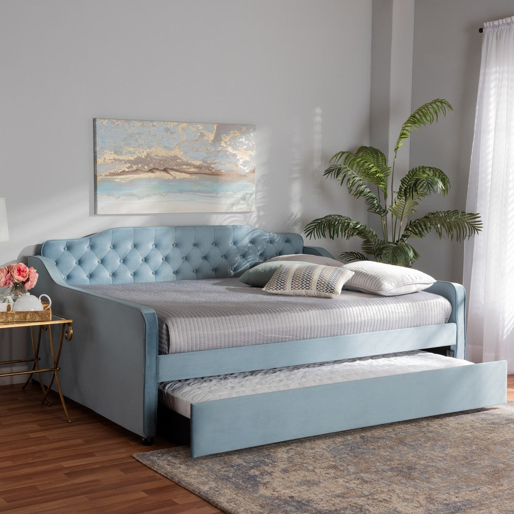 Baxton Studio - Freda Queen Size Daybed with Trundle in Light blue  - Freda-Light Blue Velvet-Daybed-Q/T view 9