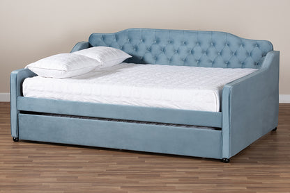 Baxton Studio - Freda Queen Size Daybed with Trundle in Light blue  - Freda-Light Blue Velvet-Daybed-Q/T view 10