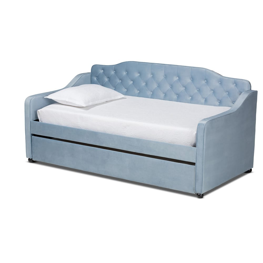 Baxton Studio - Freda Twin Size Daybed with Trundle in Light Blue  - Freda-Light Blue Velvet-Daybed-T/T view 1