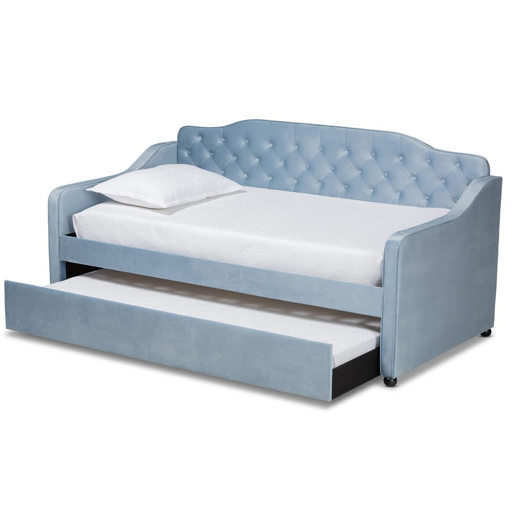 Baxton Studio - Freda Twin Size Daybed with Trundle in Light Blue  - Freda-Light Blue Velvet-Daybed-T/T view 2