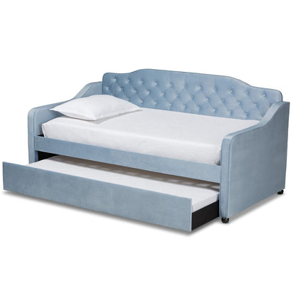 Baxton Studio - Freda Twin Size Daybed with Trundle in Light Blue  - Freda-Light Blue Velvet-Daybed-T/T view 2