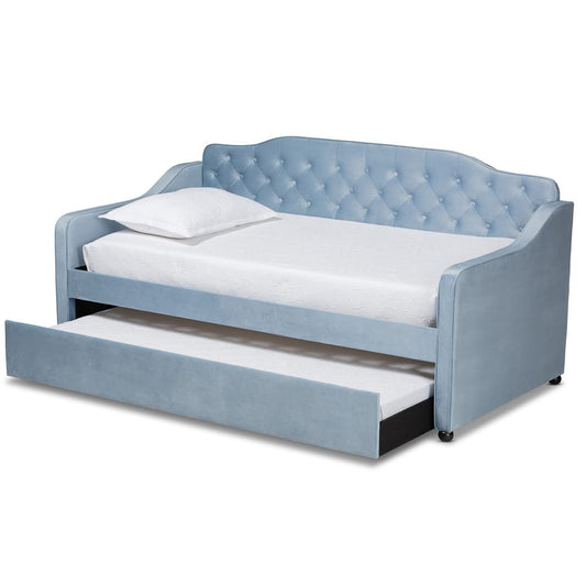 Baxton Studio - Freda Twin Size Daybed with Trundle in Light Blue  - Freda-Light Blue Velvet-Daybed-T/T view 2