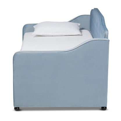 Baxton Studio - Freda Twin Size Daybed with Trundle in Light Blue  - Freda-Light Blue Velvet-Daybed-T/T view 3