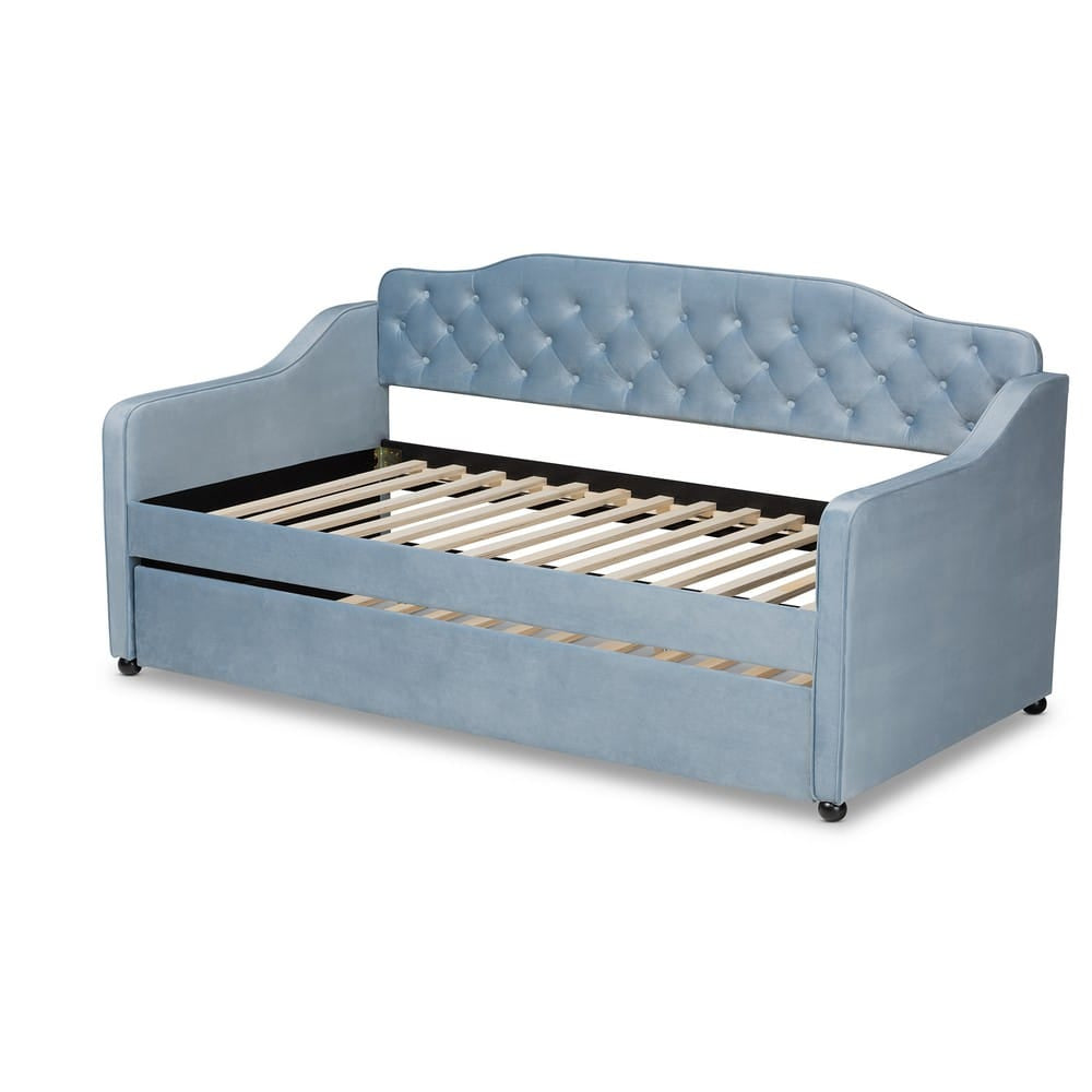 Baxton Studio - Freda Twin Size Daybed with Trundle in Light Blue  - Freda-Light Blue Velvet-Daybed-T/T view 4
